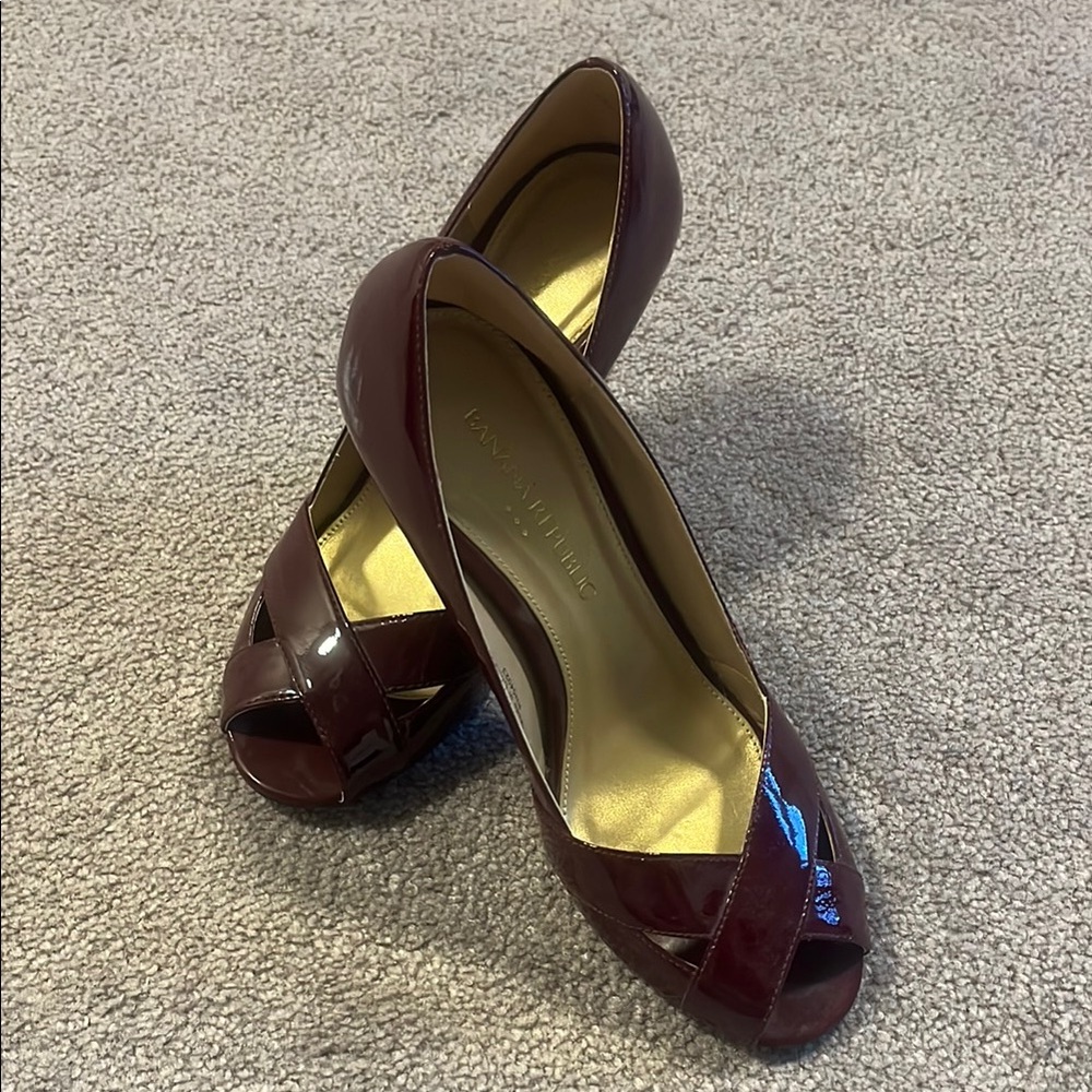 Women's Peep Toe Patent Pumps in Deep Burgundy by Unknown Brand
